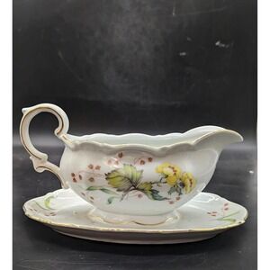 Vintage Mitterteich Bavaria Flandre Gravy Boat W/ Underplate 8.75"‎ Flower